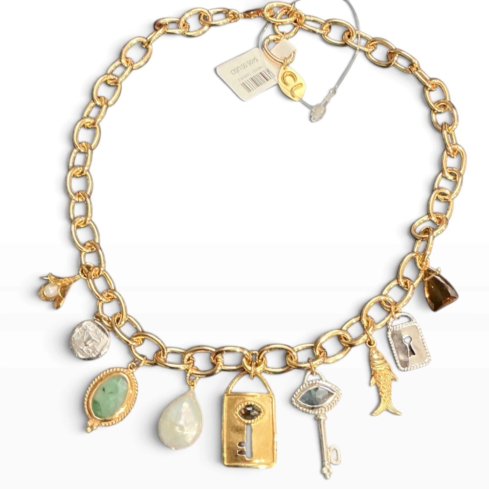 Chan Luu Lock & Key Charm Necklace Gold Labradorite Pearl Smoky Quartz NWT $495
